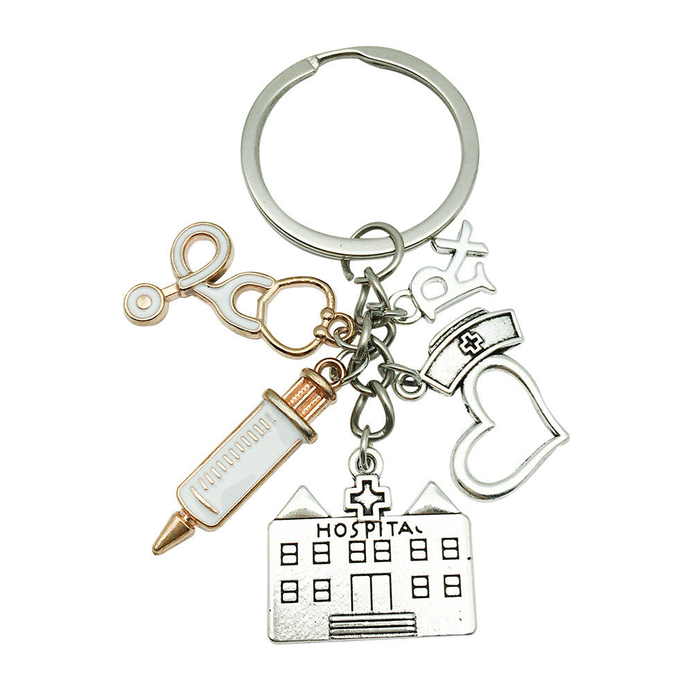 Wholesale Antique Silver Alloy Medical Syringe Stethoscope Keychain Red Heart EKG Design Creative Gift Car Key Accessory