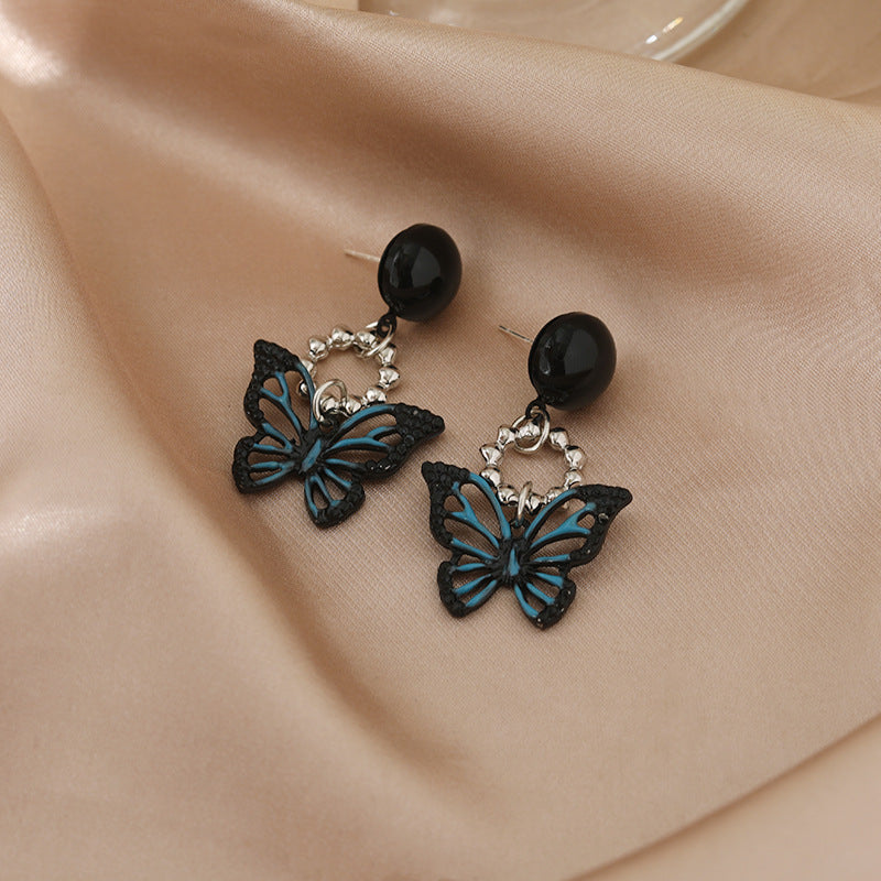 Wholesale Black Hollow Earrings Geometric Love Butterfly Painting Oil Blue Black Hollow Earrings