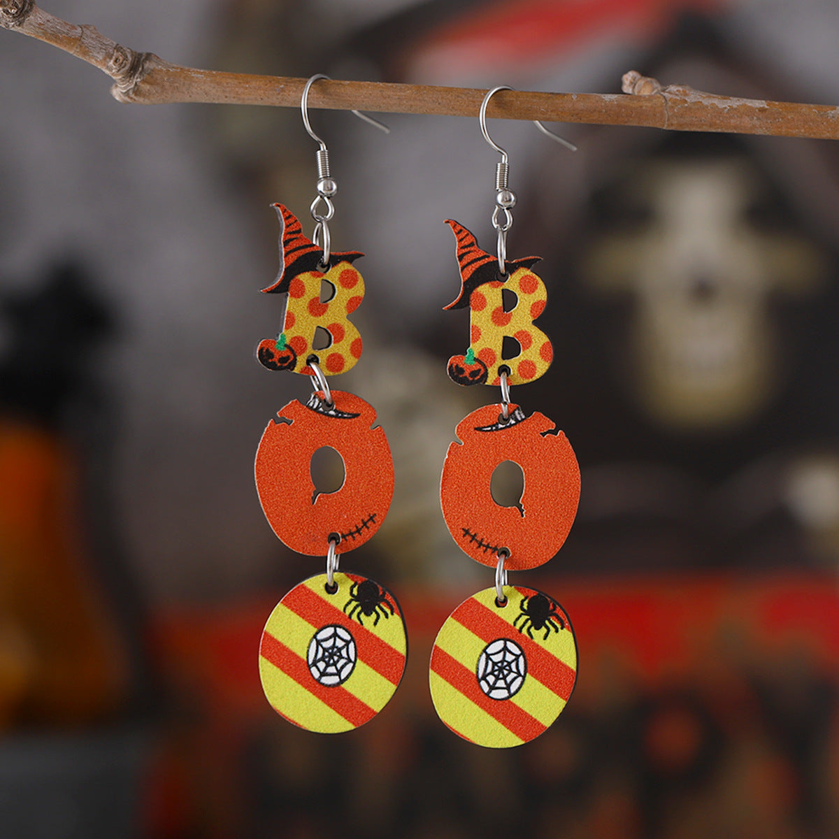 Wholesale Halloween Ghost Face Pumpkin Ghost Triple Stitching Wood Gothic Earrings ACC-ES-ChuLian064