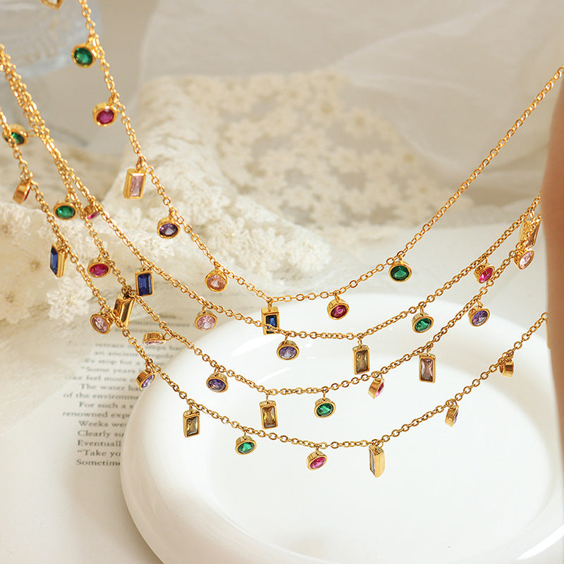 Wholesale Multi Color Zircon Tassel Necklace and Titanium Steel Bracelet Set Fashion Accessory for Party