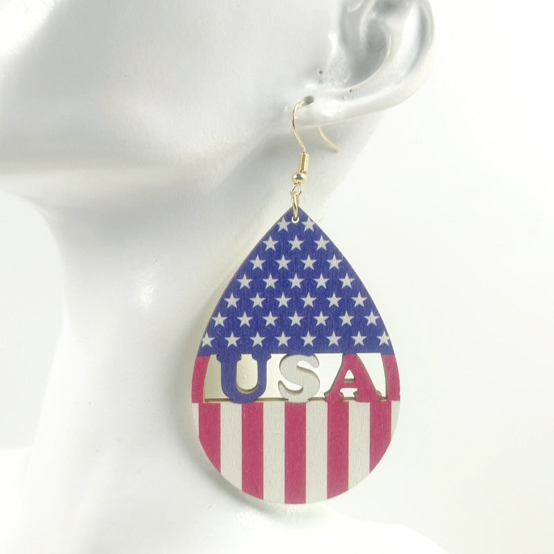Wholesale American Independence Day Teardrop Print Wood Earrings ACC-ES-Yinx002