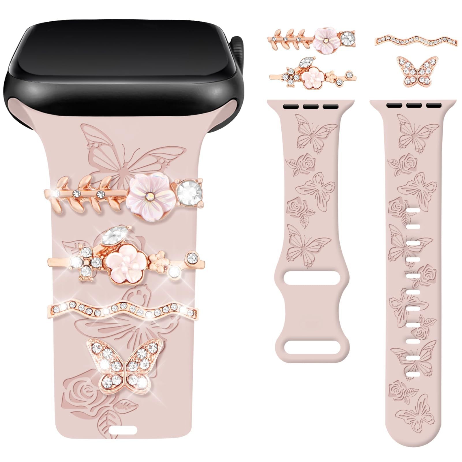 Wholesale Gold Floral Rhinestone Decorative Ring Alloy Smart Watch Band Charm Chic Fashion Accessory For Women