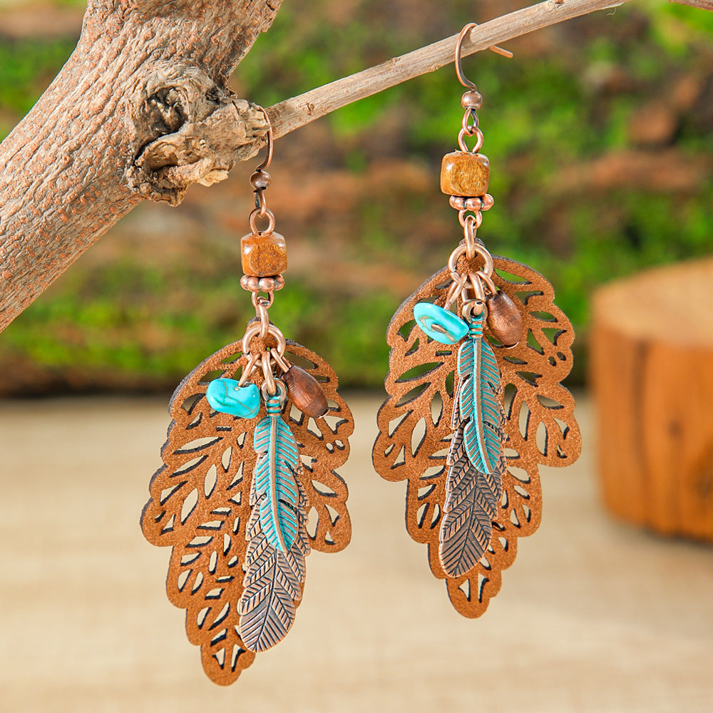 Wholesale European and American Cross-Border New Hot Selling Bohemian Style Retro Fashion Earrings Necklace Personalized Ethnic Style Leaf Earrings