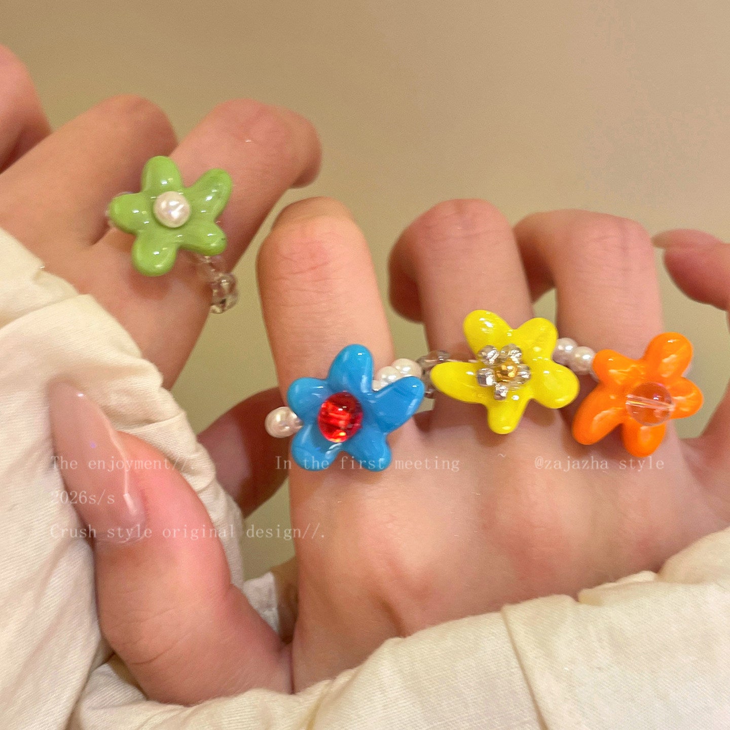 Wholesale Handmade Acrylic Flower Beaded Ring – Colorful Dopamine Summer Vacation Fashion Accessory for Women