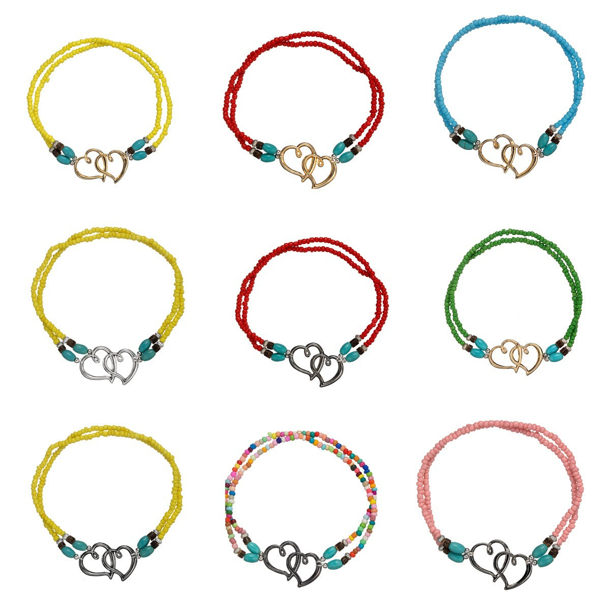 Wholesale alloy double love beaded turquoise stone double elastic anklet