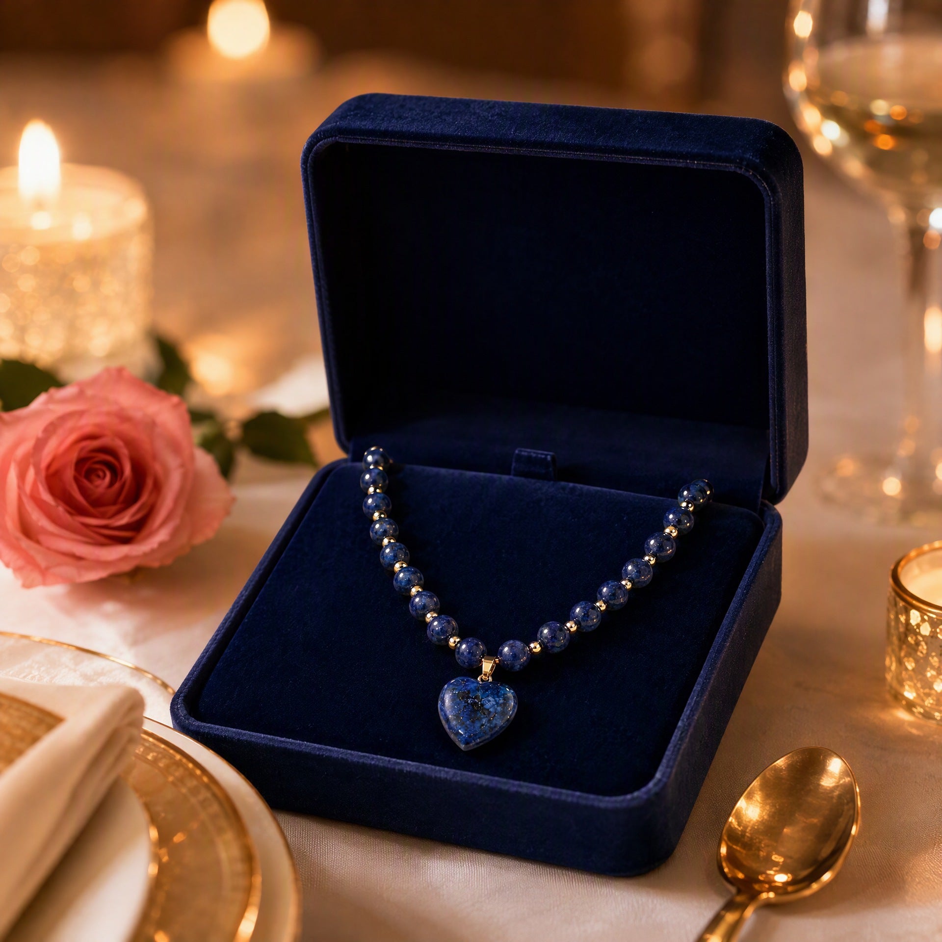 Wholesale Trendy Handmade Heart Pendant Necklace Deep Blue Lapis Lazuli Beaded Single Layer Women Jewelry Fashion Accessory