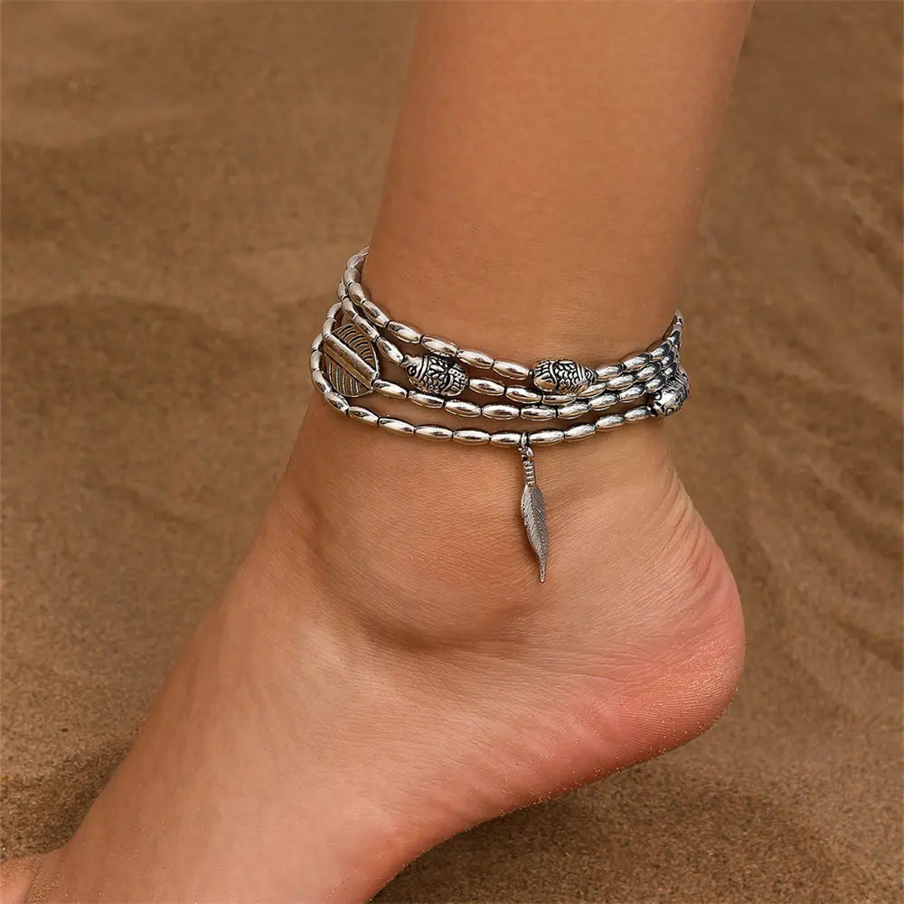 Wholesale Vintage Multi Layer Bracelet Anklet Set Antique Silver Leaf Fish Pendant Unisex Zinc Alloy Fashion Accessory