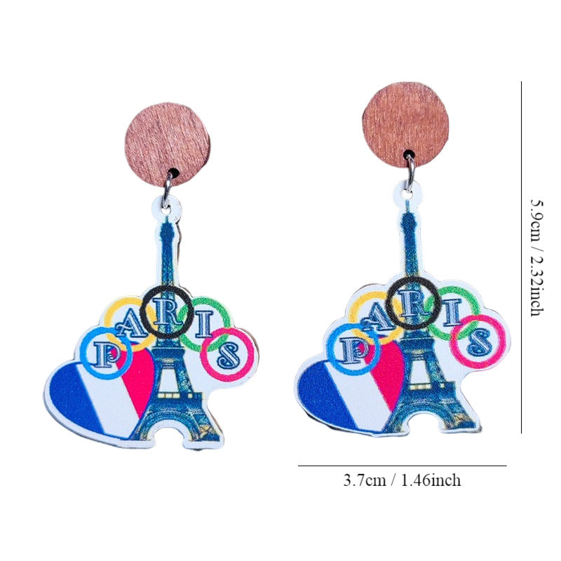 Wholesale sports meet love earrings French flag color landmark tower wooden earrings