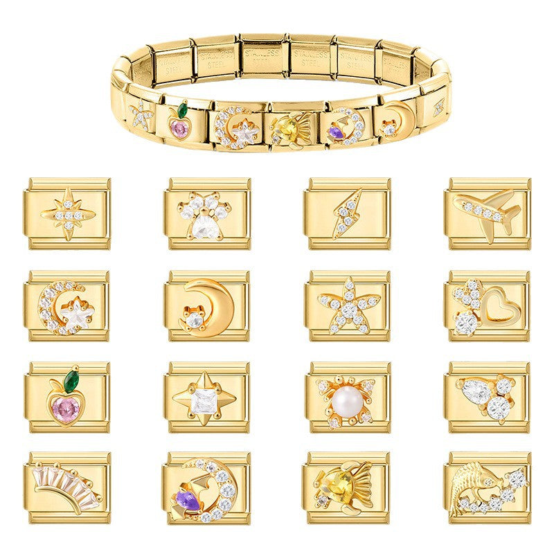 Wholesale Italian Charm Bracelet 9mm DIY Splicing Gold Micro-Inlaid Cubic Zirconia Stainless Steel Composable Bracelet