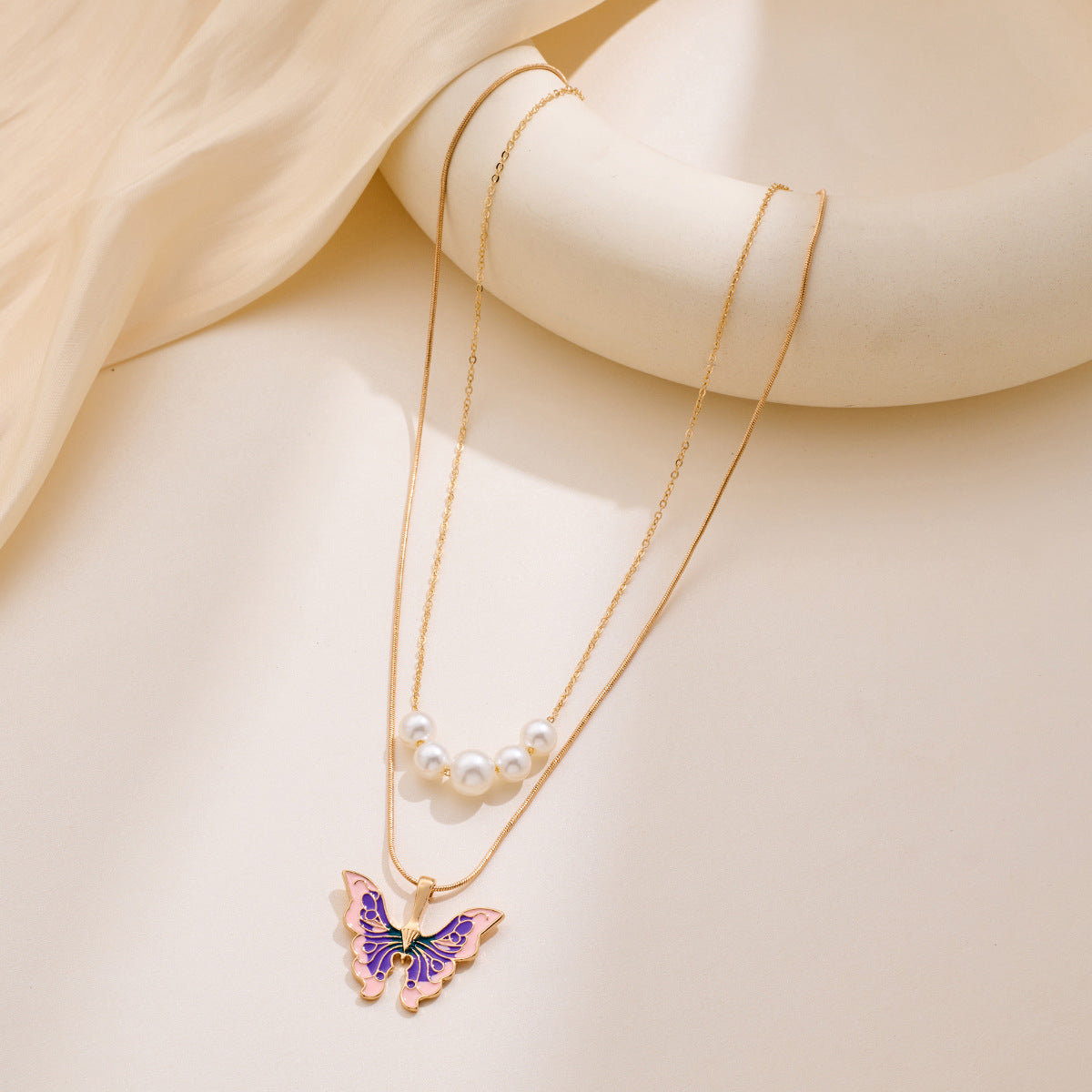 Wholesale butterfly necklace pearl double chain Necklace