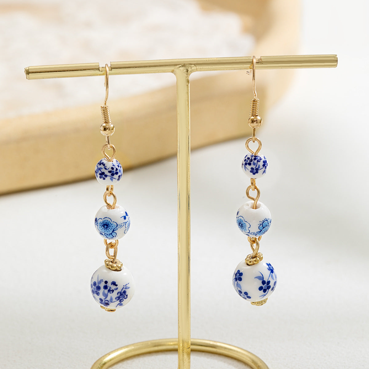 Wholesale Chinese Style Blue and White Porcelain Beads Long Earrings Fashion Jewelry Accessory for Women Boutique Resale Gift