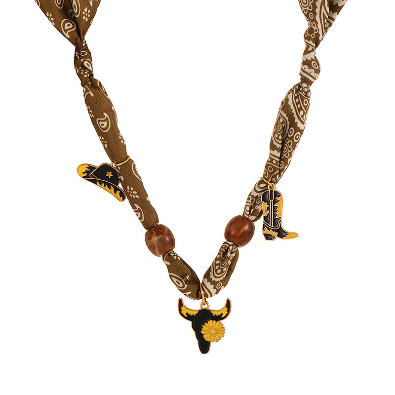 Wholesale alloy dripping Western cowboy series printed fabric necklace
