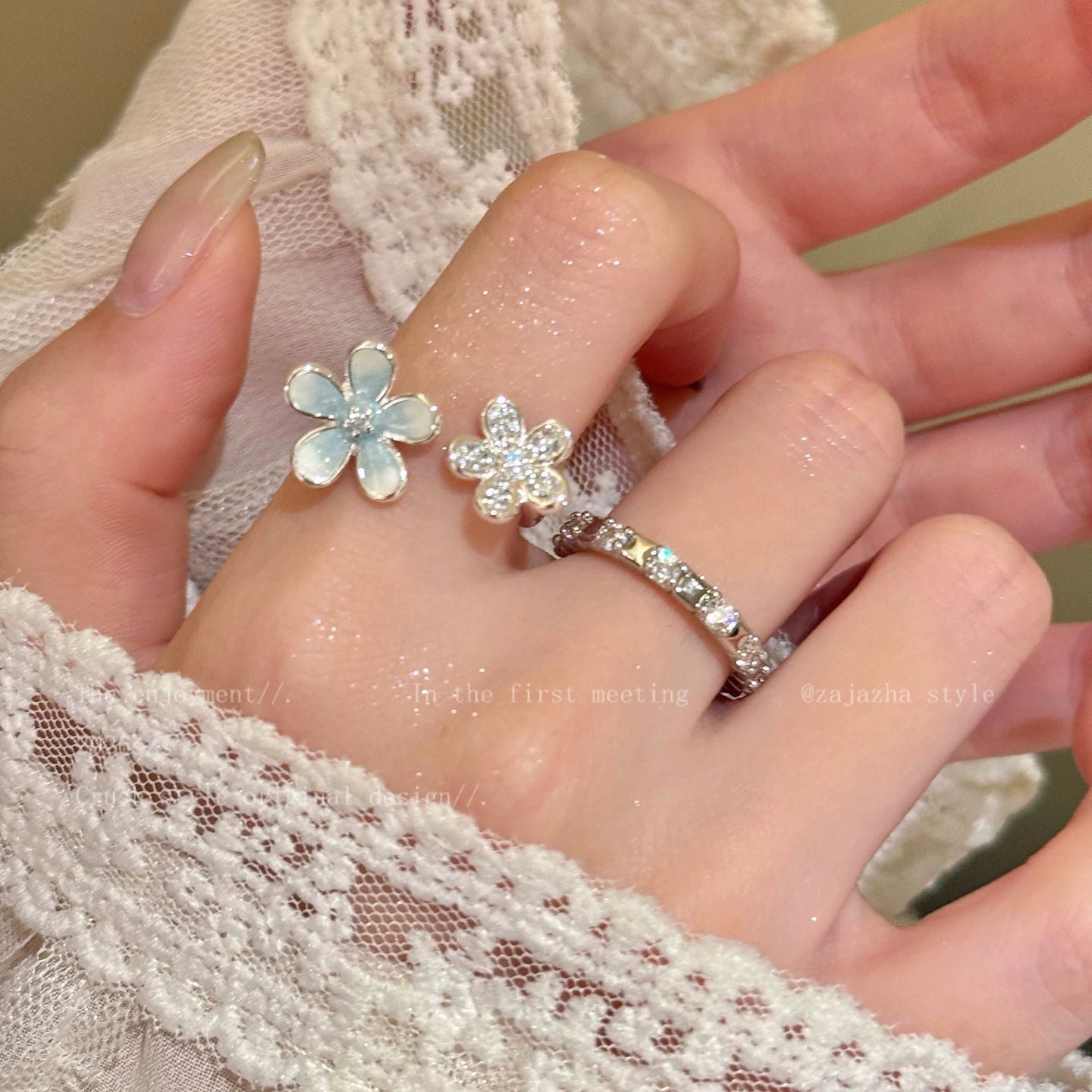 Wholesale Blue Floral Drip Glaze Ring Copper Adjustable Open Ring For Women Nature Fashion Accessory Boutique Resale