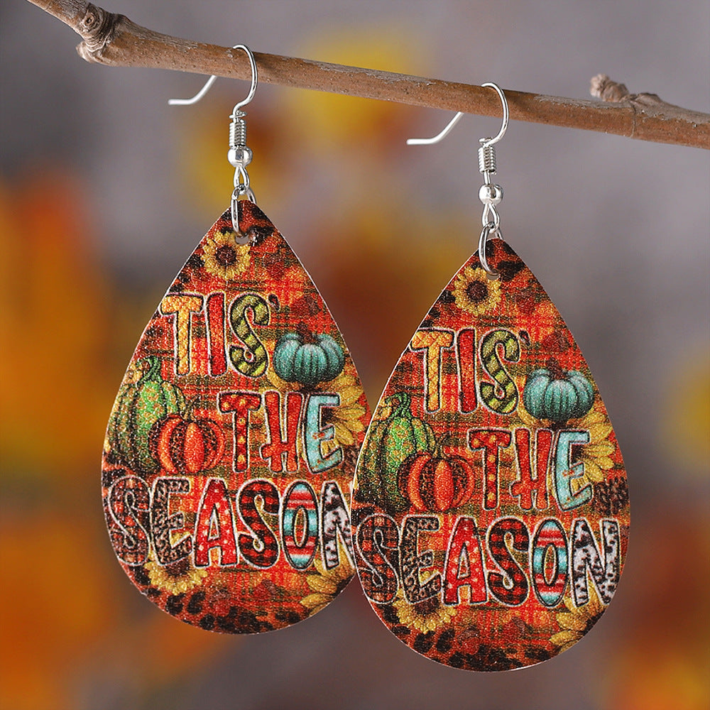 Wholesale Thanksgiving Autumn Harvest Pumpkin Sunflower Leopard Print PU Leather Earrings ACC-ES-ChuLian088