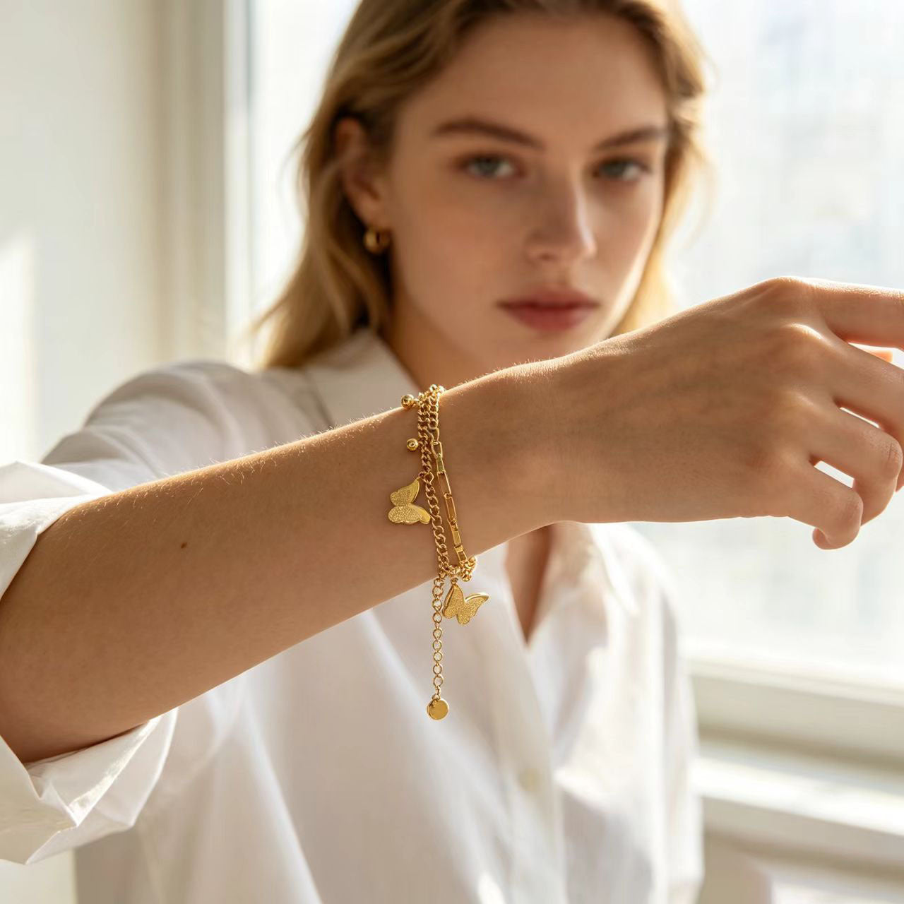 Wholesale Butterfly Matte Titanium Steel Double Layer Chain Bracelet With Gold Beads Women S Jewelry Accessory For Everyday Wear And Boutique Resale