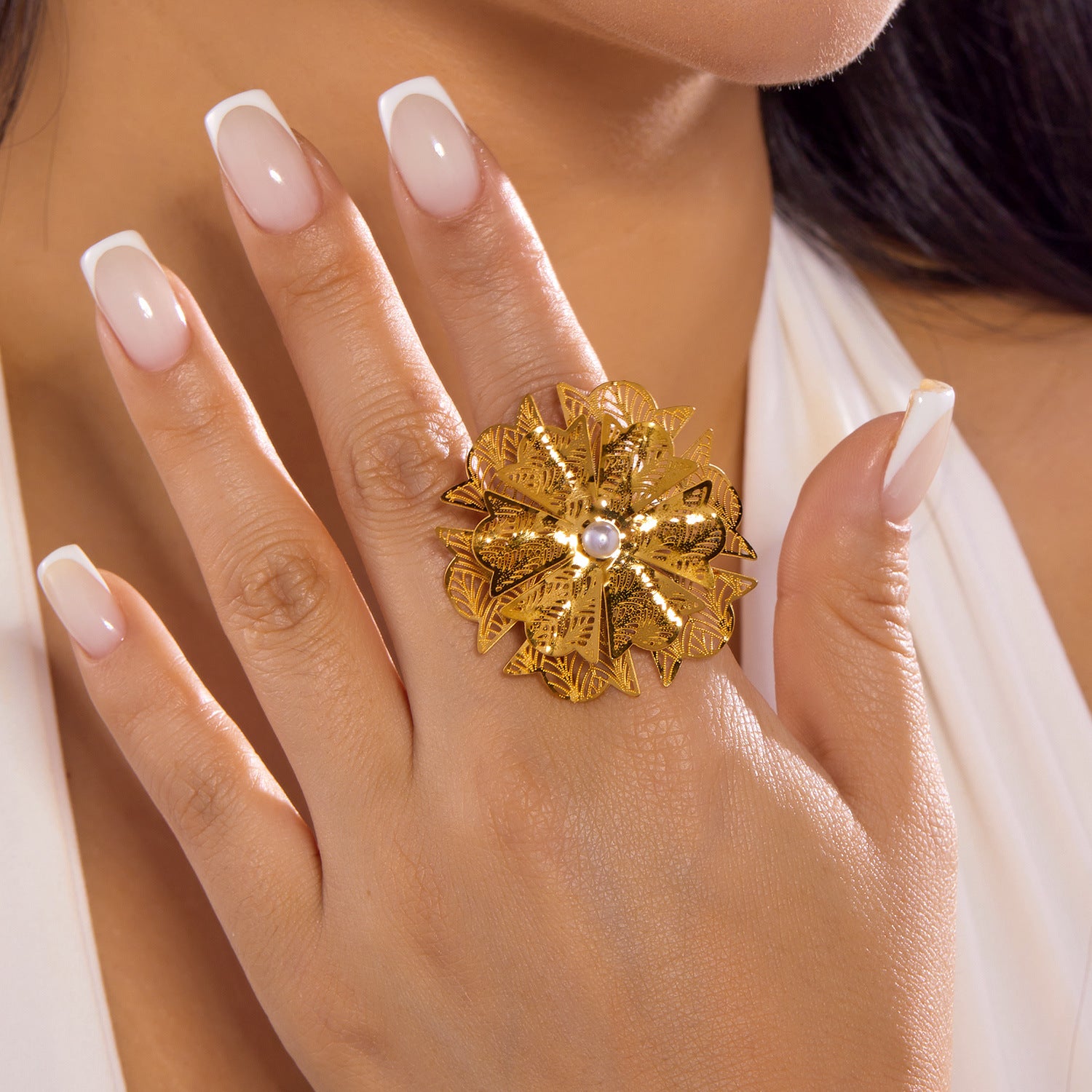 Wholesale Retro Light Luxury Stainless Steel Flower Opening Adjustable Ring