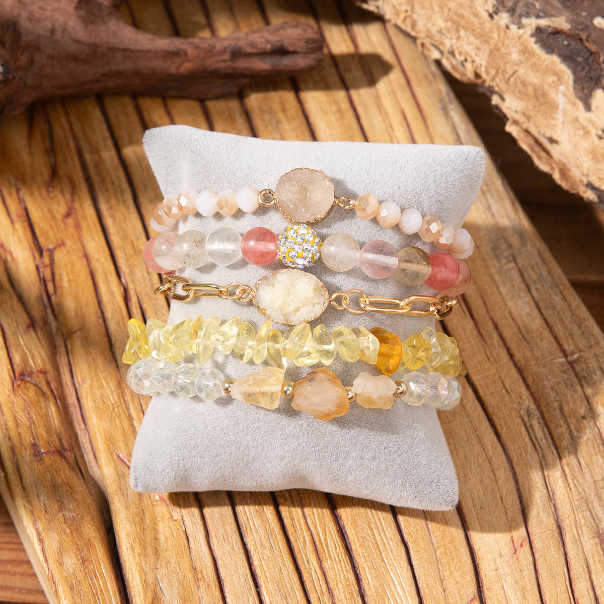 Wholesale 5pcs/set Crushed Rose Quartz Bohemian Beaded Bracelet Set