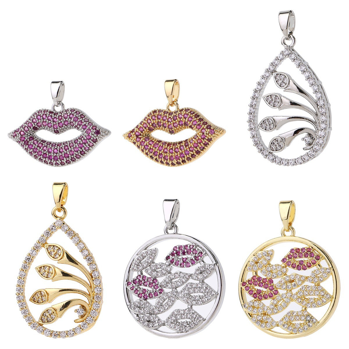 Wholesale Lip Shape Zircon Pendant Gold Plated Necklace Charm DIY Jewelry Making Fashion Accessory