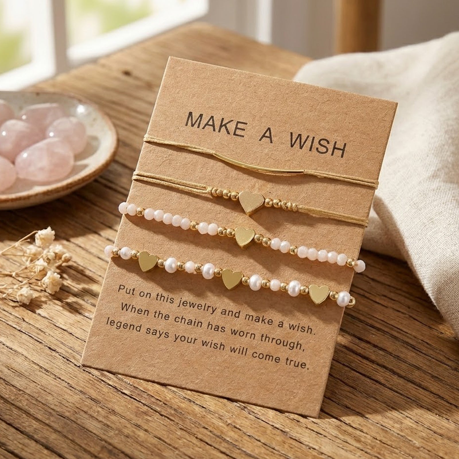 Wholesale Hot-Selling Pearl Heart-Shaped Metal Thin Strip Four-Piece Bracelet Set with Multi-Color Braided Cord,  Adjustable for Daily Layering