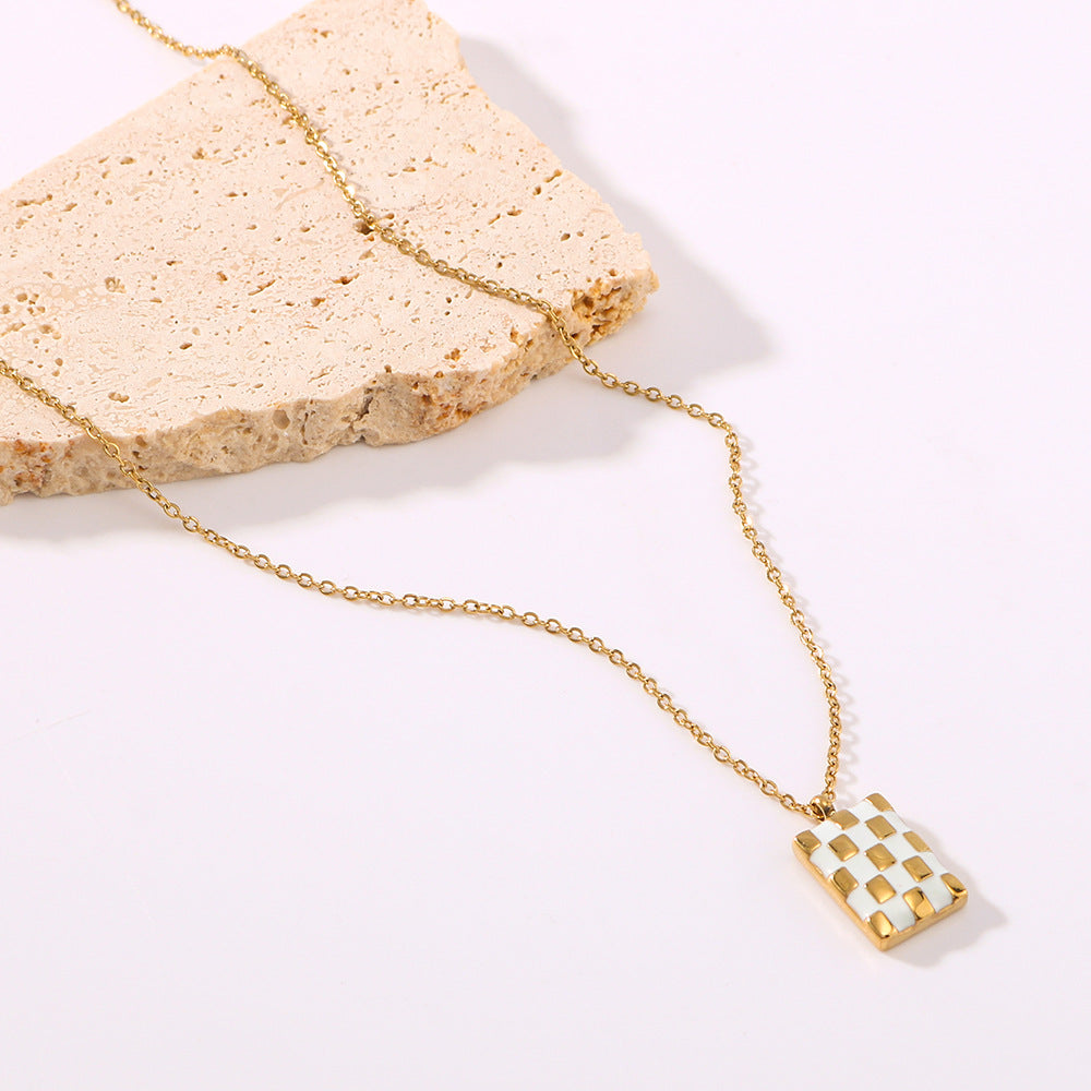 Wholesale Stainless steel Square Oil Drop Plaid Chessboard Personality Necklace