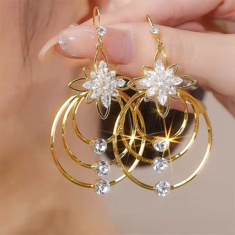 Wholesale Five Petal Flower Tassel Zirconia Earrings