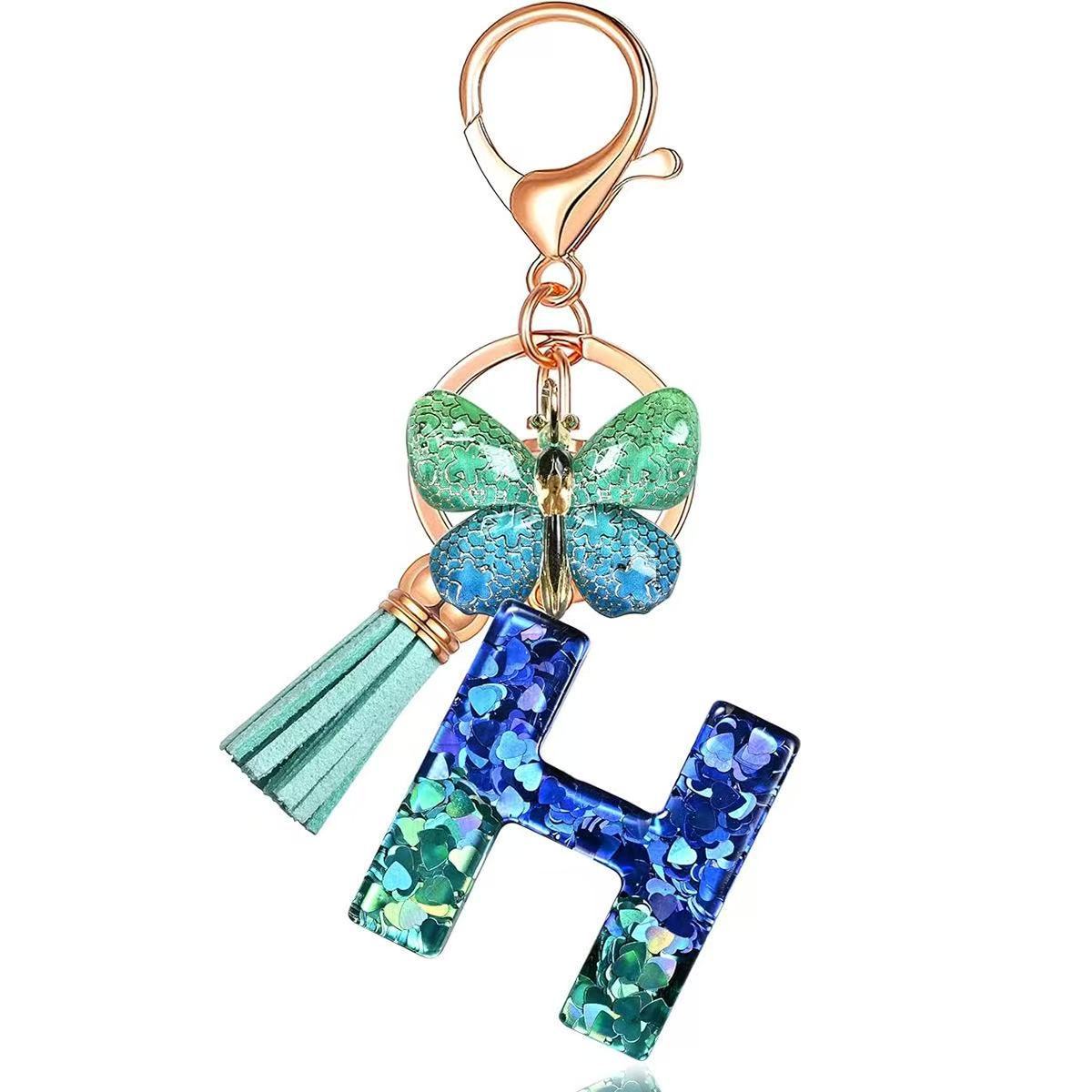 Wholesale Resin Alphabet Keychain With Butterfly Tassel Blue Gradient Vacation Style Fashion Accessory For Bags And Keys