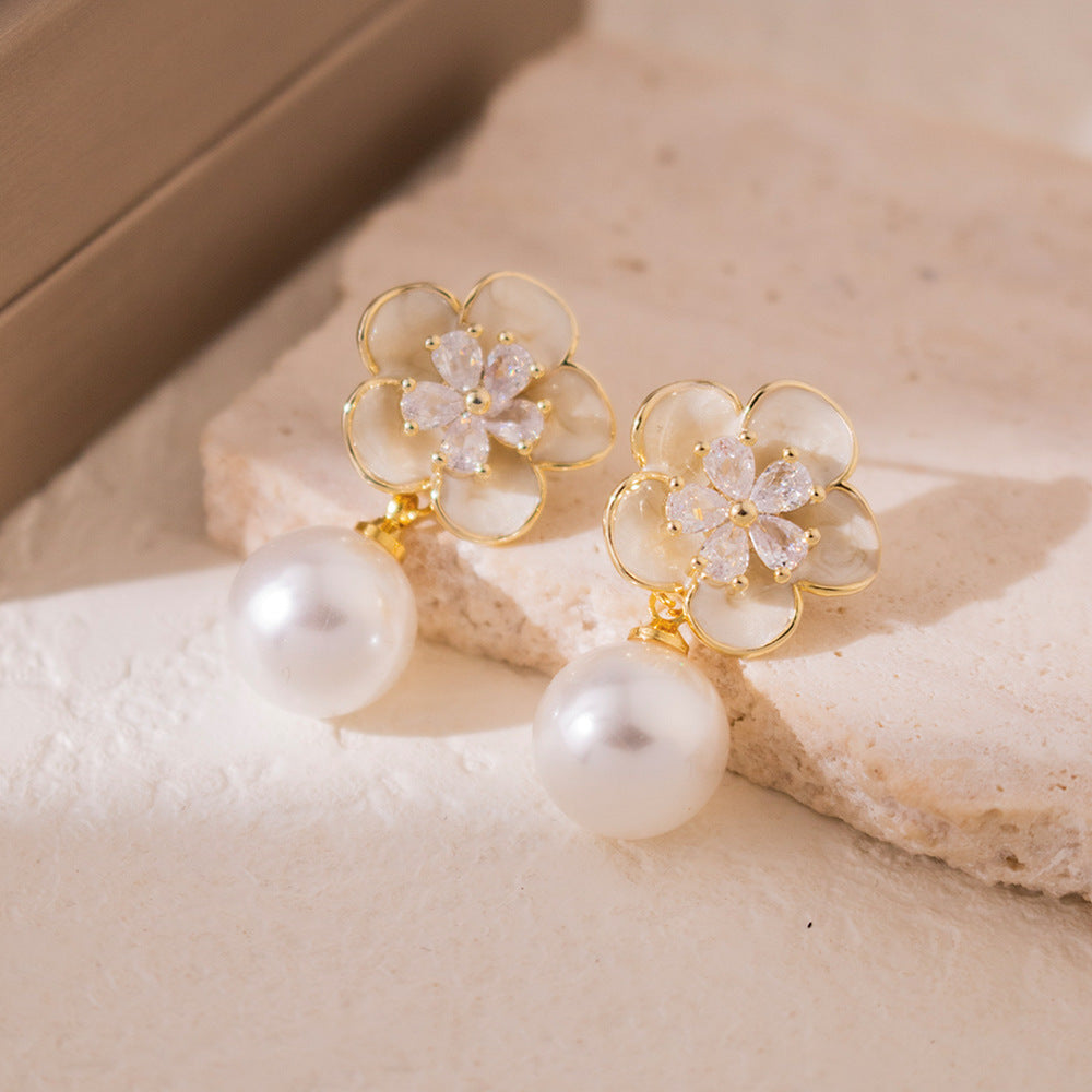 Wholesale Electroplated zircon camellia pearl earrings