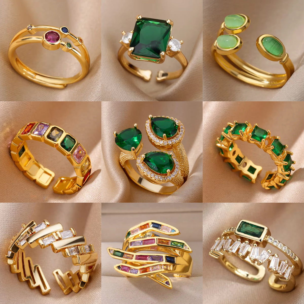 Wholesale Cross-border Light Luxury Retro Style Green Zircon Open Ring 18K Gold Plated Emerald High-grade Finger Ring Jewelry