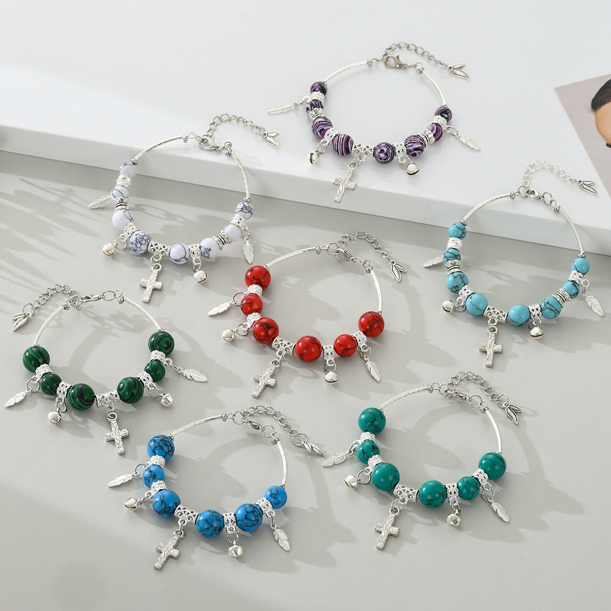 Wholesale Natural turquoise malachite cross bell bracelet