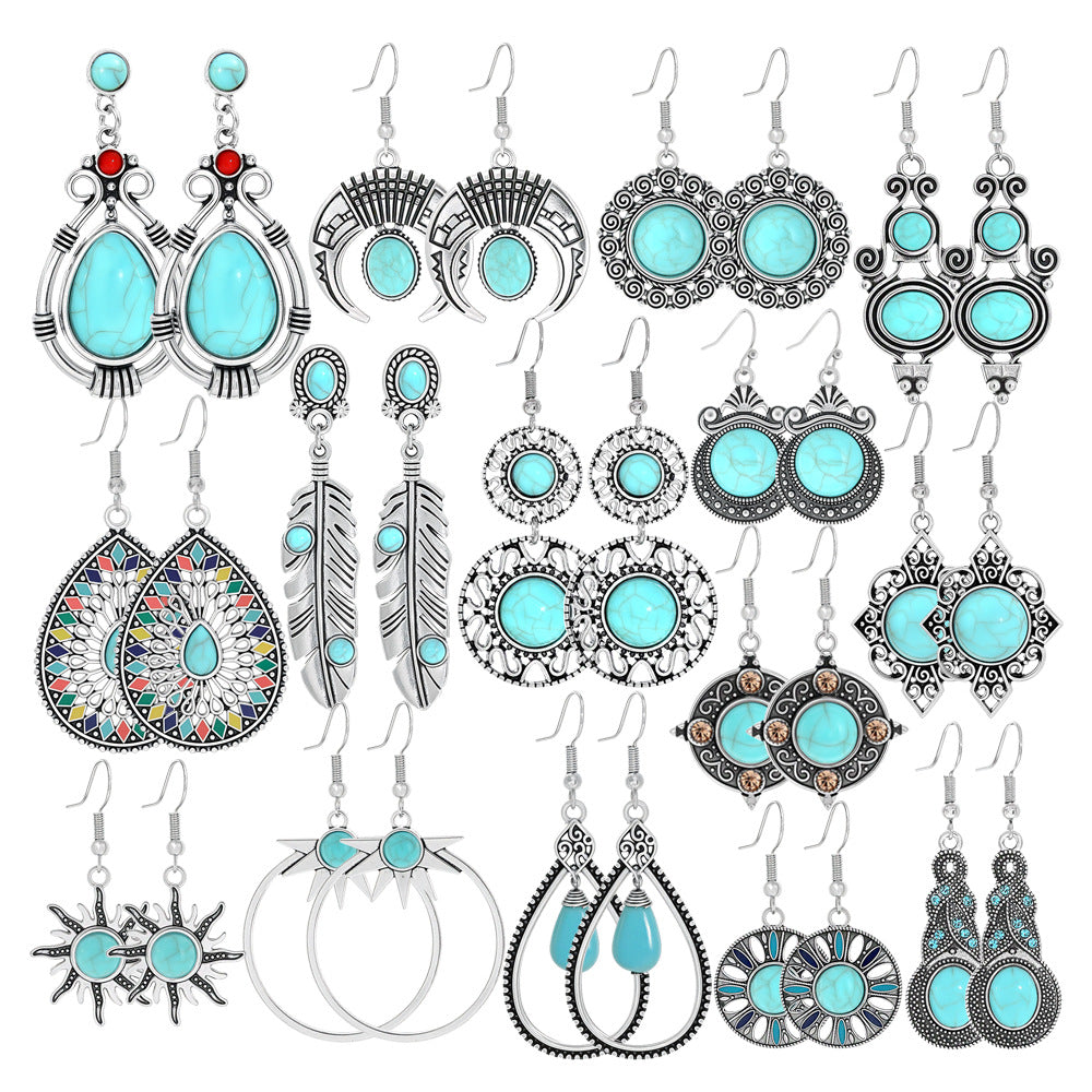 Wholesale European and American Cross-Border Hot Selling New Turquoise Earrings Set Fashion Ethnic Holiday Style Earrings Earrings Manufacturer