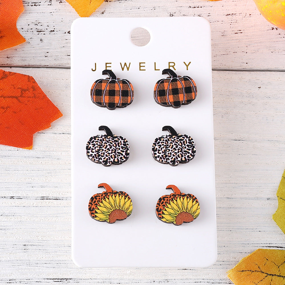 Wholesale Thanksgiving Day Leopard Print Plaid Star Pumpkin Wood Earrings Set ACC-ES-ChuLian040