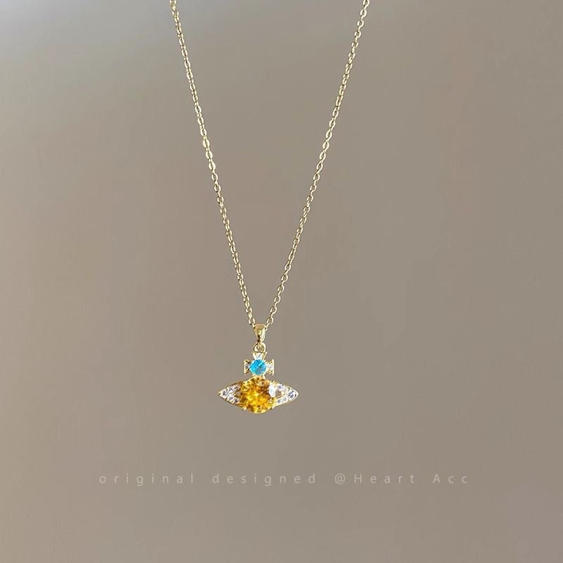 Wholesale Colorful Zircon Saturn Necklace for Women,  Dopamine Stacking Collarbone Chain,  High-End Neck Chain for Summer