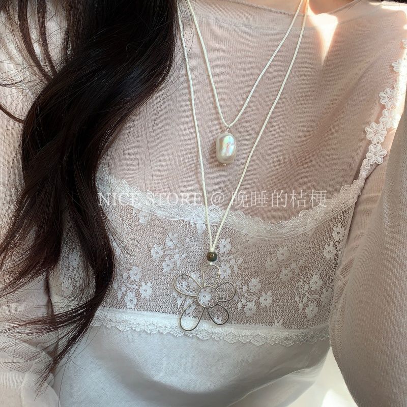 Wholesale Silver Flower Long Stacked Necklace