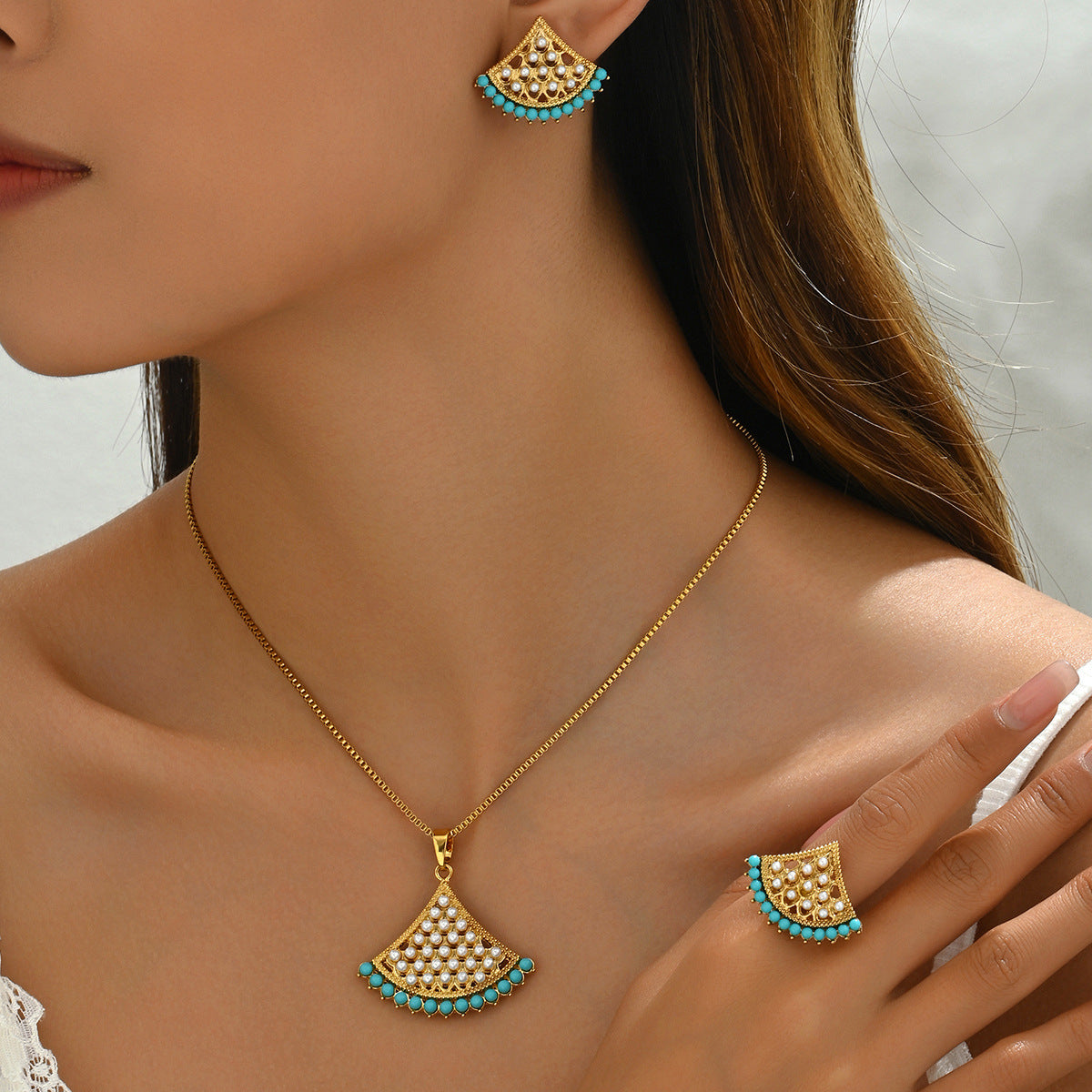 Wholesale Fan Shape Pearl Alloy Earrings Necklace Set ACC-NE-BaSha001