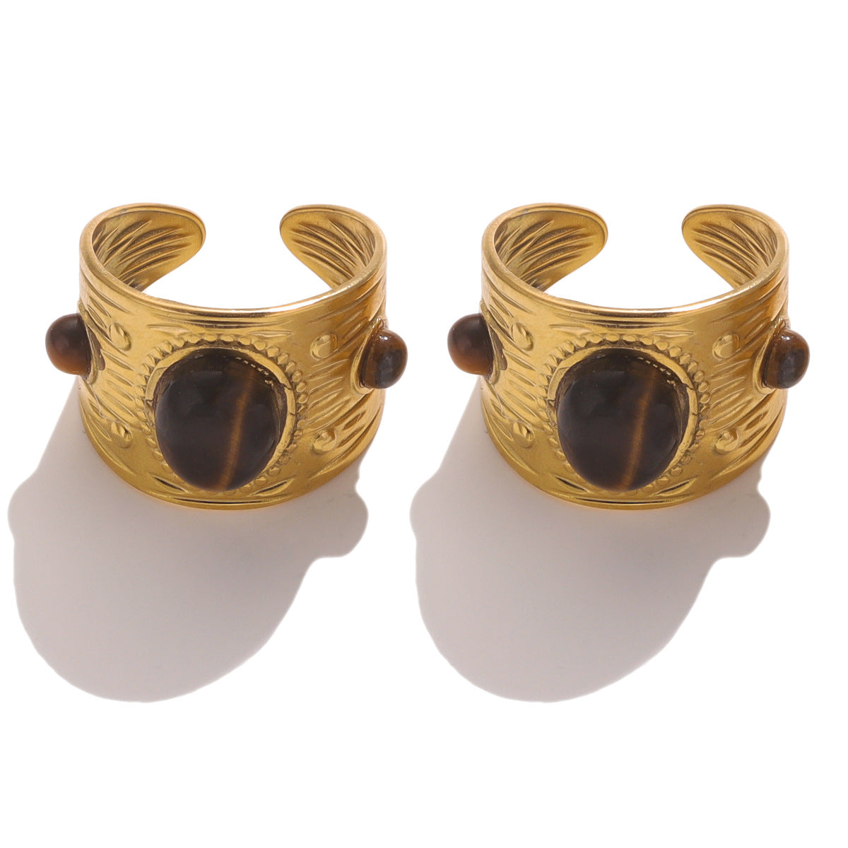 Wholesale Stainless Steel Natural Stone Ring for Women,  Geometric Design with Tiger Eye,  Trendy Jewelry Accessory for Everyday Wear