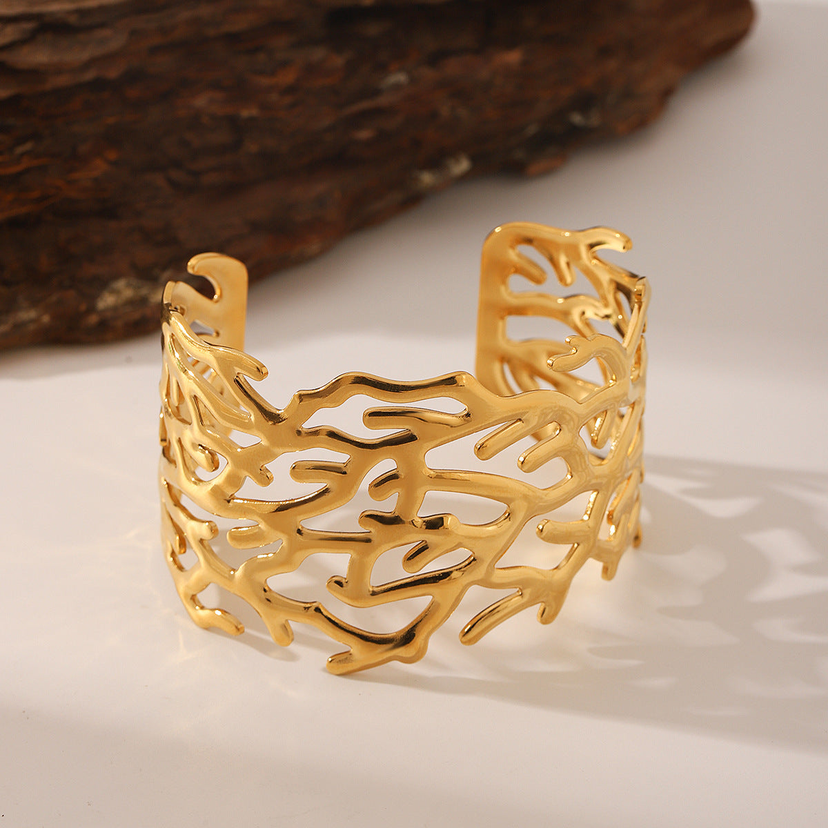 Wholesale  Stainless Steel Hollow Branch-shaped Wide-faced Open Bracelet