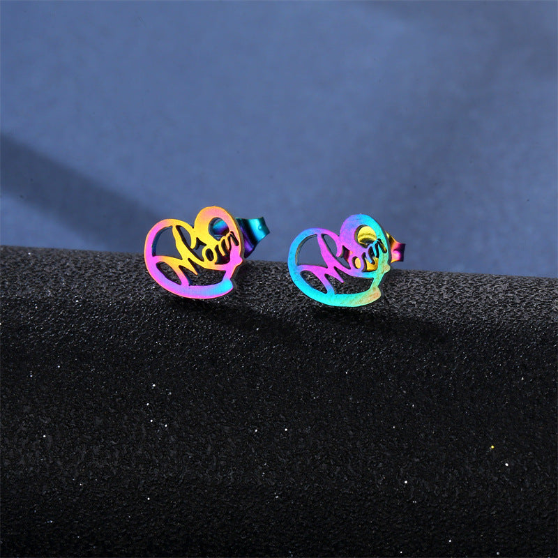 Wholesale Colorful Hollow Glossy MOM Titanium Steel Pendant Stainless Steel Earrings Necklace Set Mother's Day ACC-ES-MinM020