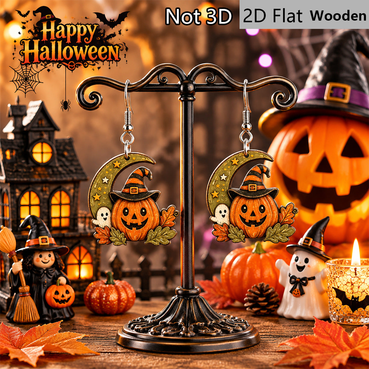 Wholesale Wooden  Earrings Crescent Witch Hat Pumpkin Ghost Maple Leaf Star Painted Dangle Earrings For Party And Gift
