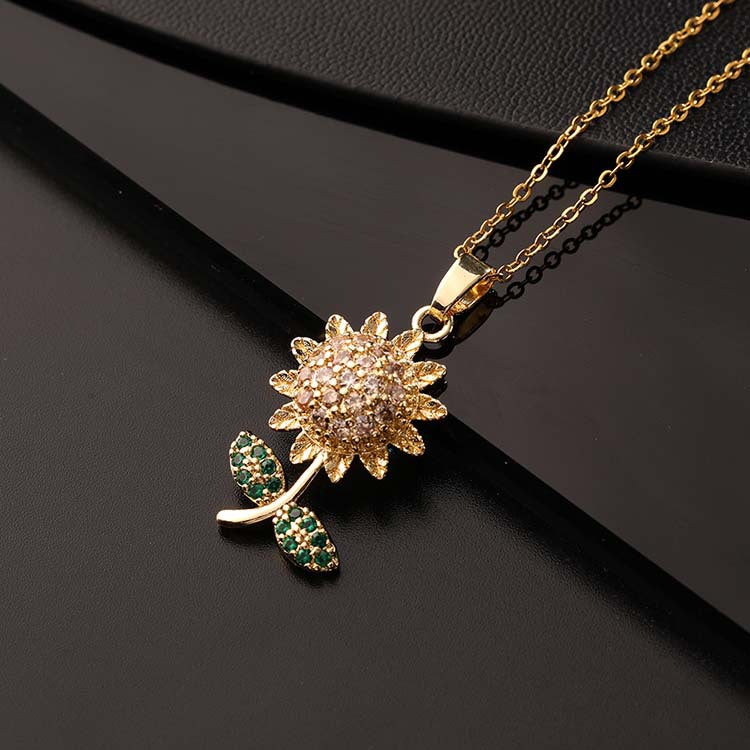 Wholesale Gold Plated Copper Zircon Colorful Sunflower Chain Necklaces ACC-NE-SY003