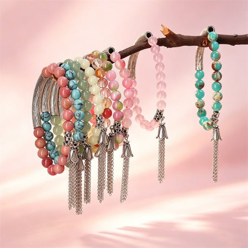 Wholesale Retro Antique Silver Stone Bead Bracelet Unisex Tassel Pendant Jewelry Fashion Accessory For Daily Wear
