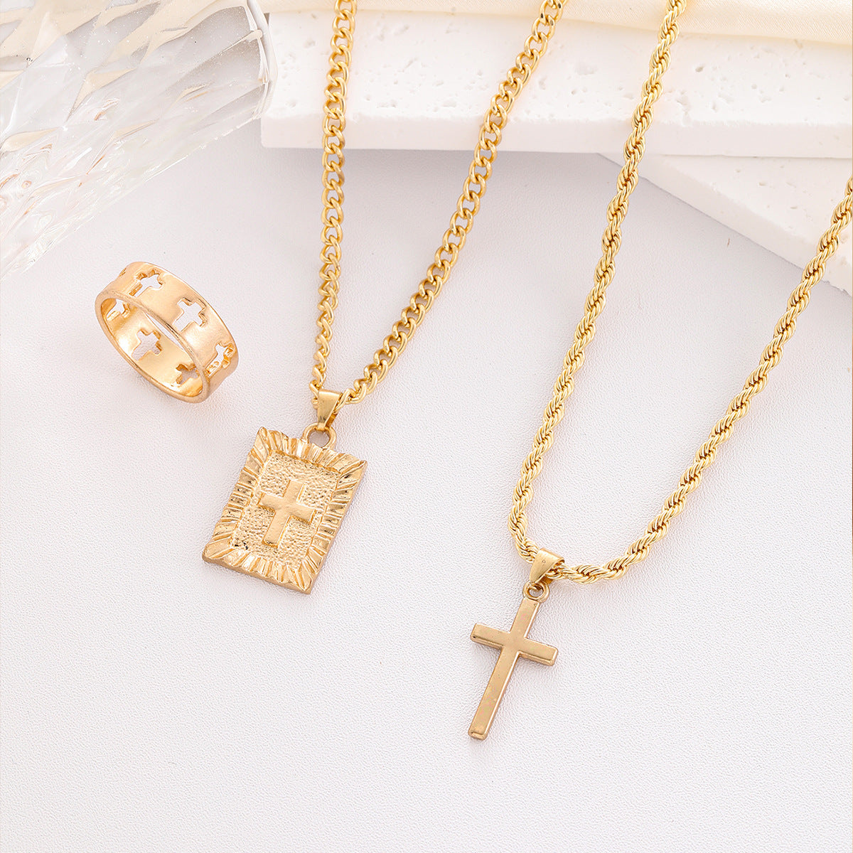 Wholesale Stylish Black Cross Crown Roman Numeral 3 Piece Jewelry Set Necklace Bracelet Ring Fashion Accessory Gift