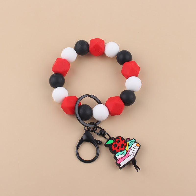 Wholesale Cartoon Apple Teacher Pencil Silicone Beaded Wrist Keychain
