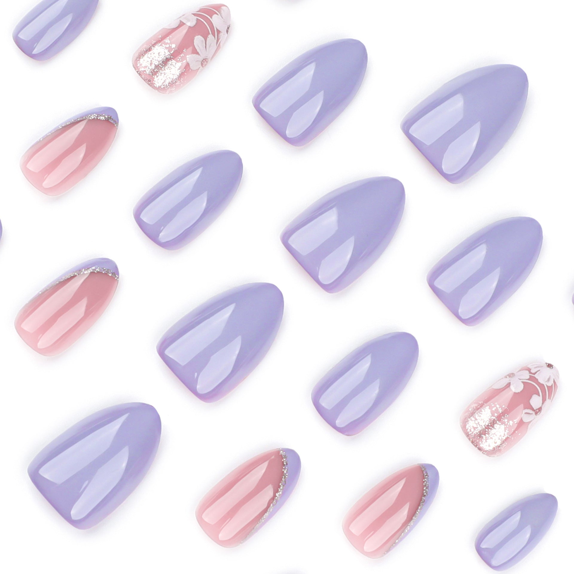 Wholesale 24 Pieces/box Purple Bevel White Flowers Nails Kits Nail Stickers