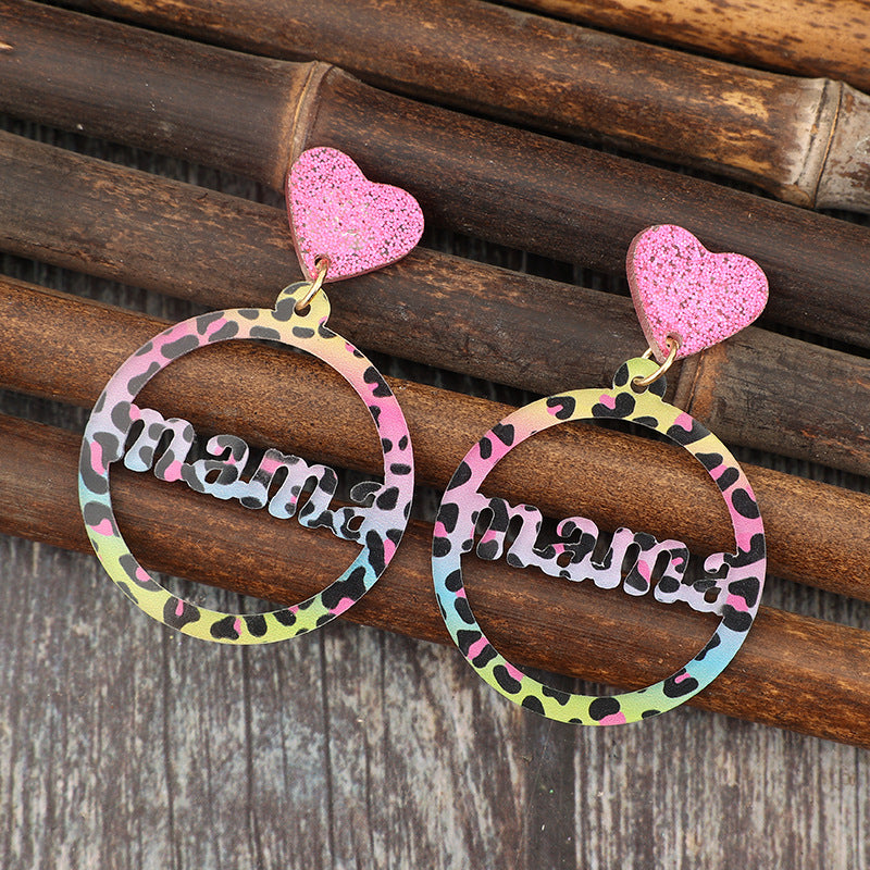 Wholesale  Mother's Day  Colorfulful Cut Out Round Letter Stitching Sequin Heart Acrylic Earrings