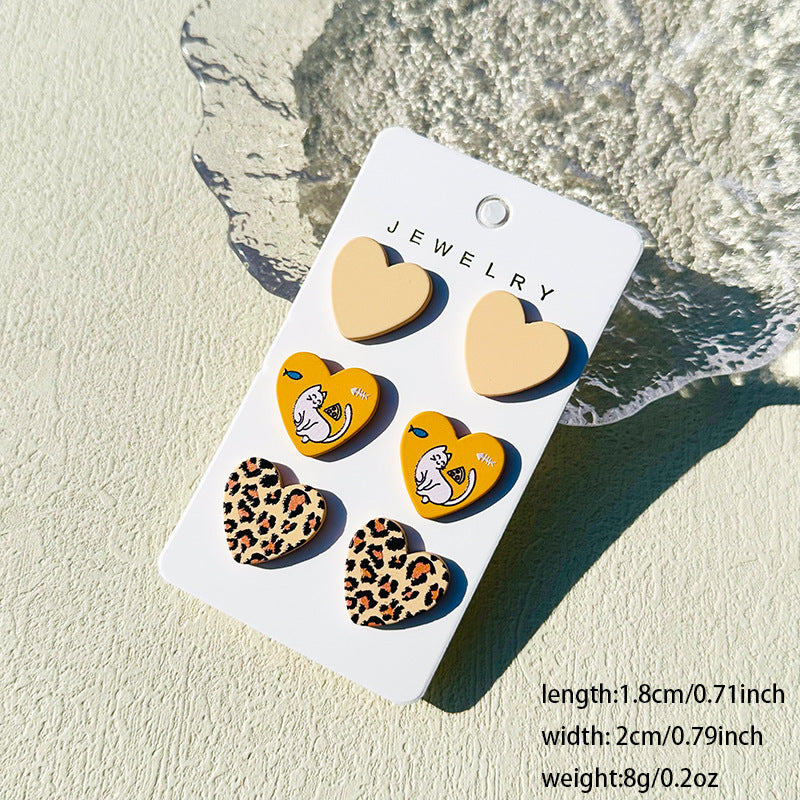 Wholesale  3pcs/set Valentine's Day Denim love paint printing clay texture stud earrings