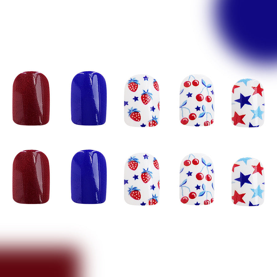 Wholesale 24 Pieces/box American Independence Day Short Red and Blue Color Cherry Manicure Press-on Nails Kits Nail Stickers ACC-NS-GuaiXL038