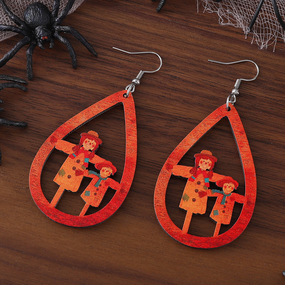 Wholesale Thanksgiving Day Halloween Pumpkin Scarecrow Teardrop Shape Wood Earrings ACC-ES-ChuLian029