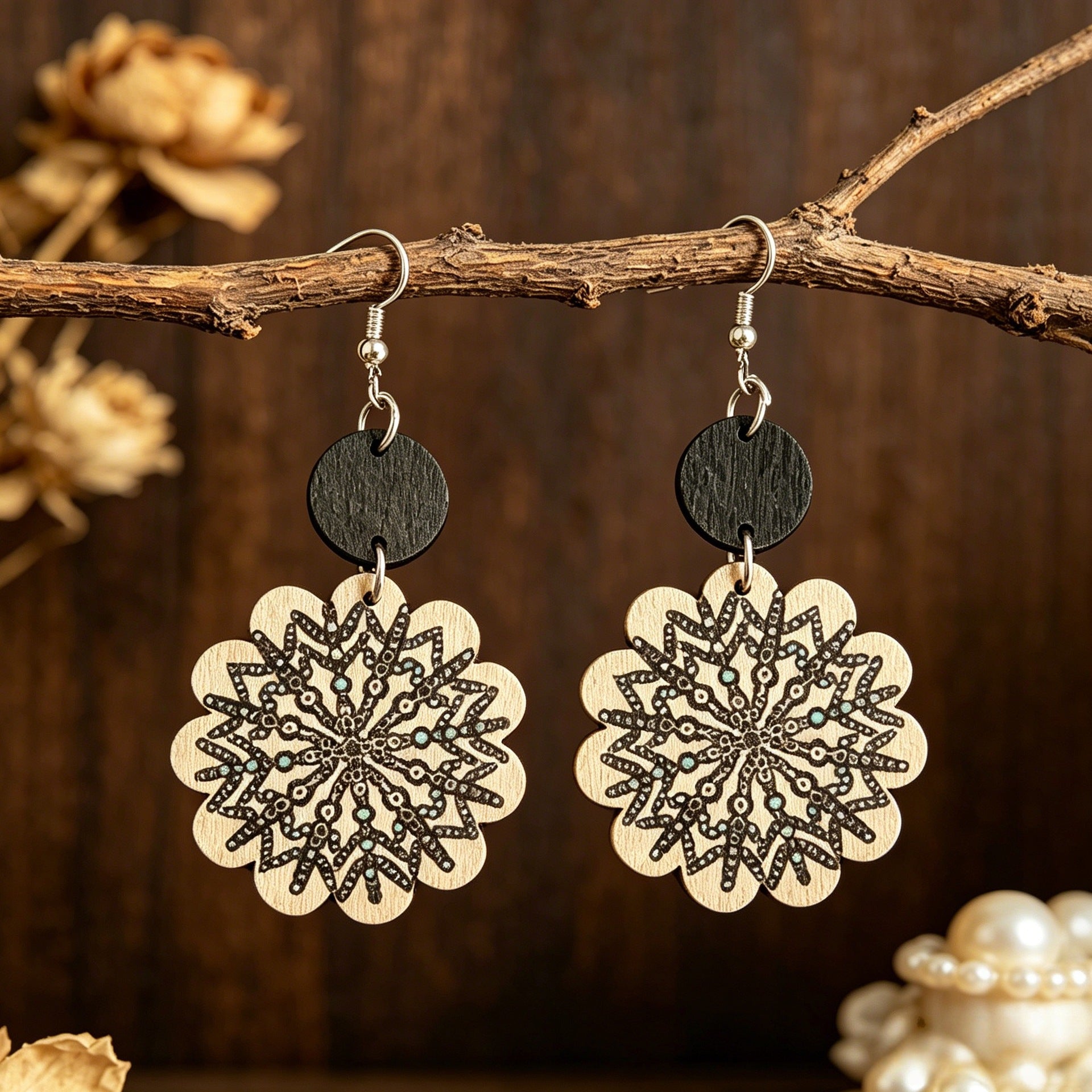 Wholesale Retro Mandala Snowflake Print Black Wood Earrings Boutique Resale Jewelry Accessory
