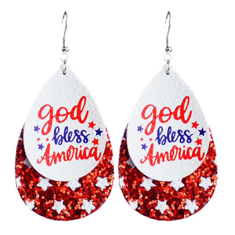 Wholesale 2 Pairs/pack American Independence Day Shiny Teardrop Shaped Leather Earrings ACC-ES-HY057