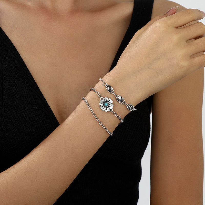 Wholesale Bohemian Turquoise Carved Hollow Flower Bracelet 3-Piece Set